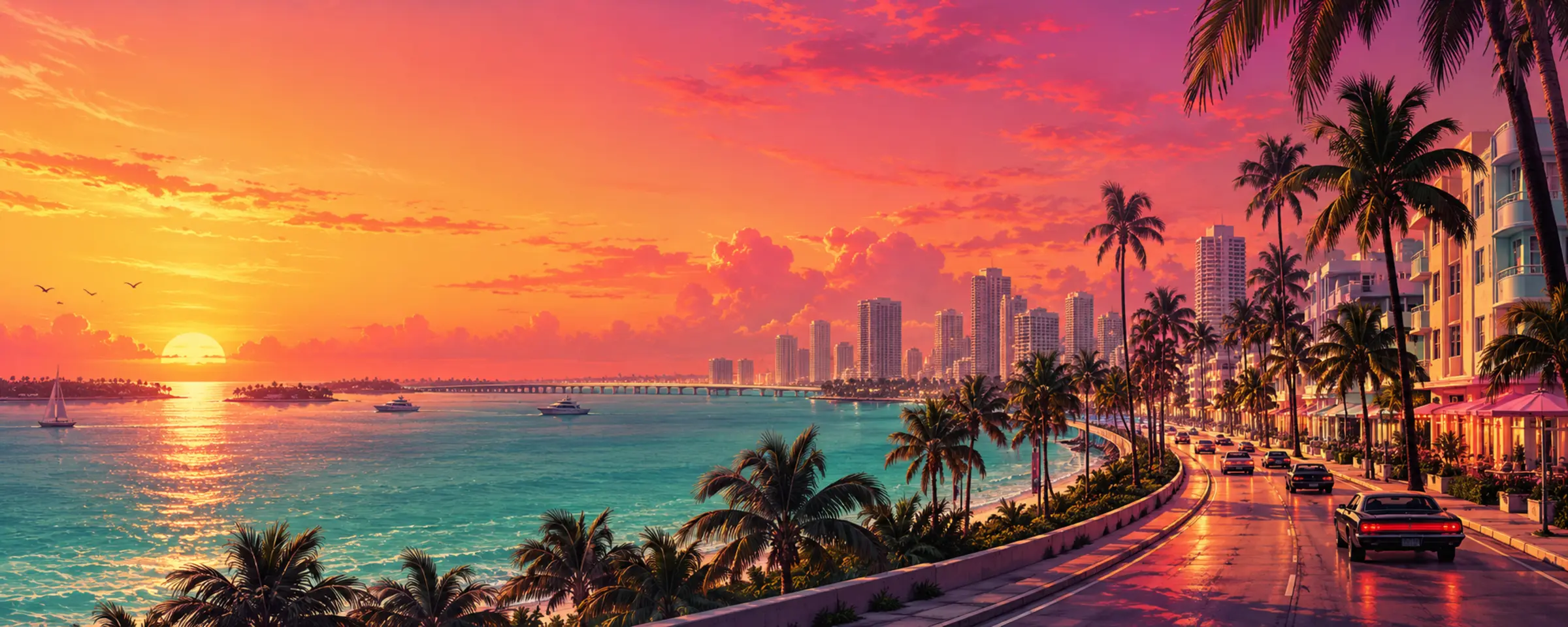 Original tropical coastal city artwork at sunset